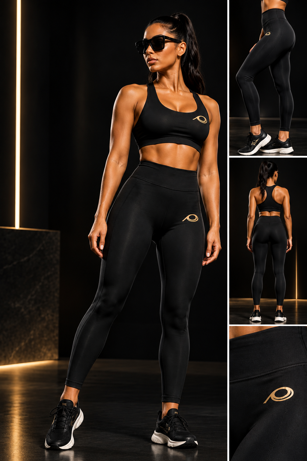Full POP look: gold emblem sports bra with sculpt leggings