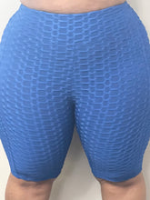 Load image into Gallery viewer, Front side of Blue bubble shorts with pocket for women - versatile and comfortable activewear for workouts and everyday wear.
